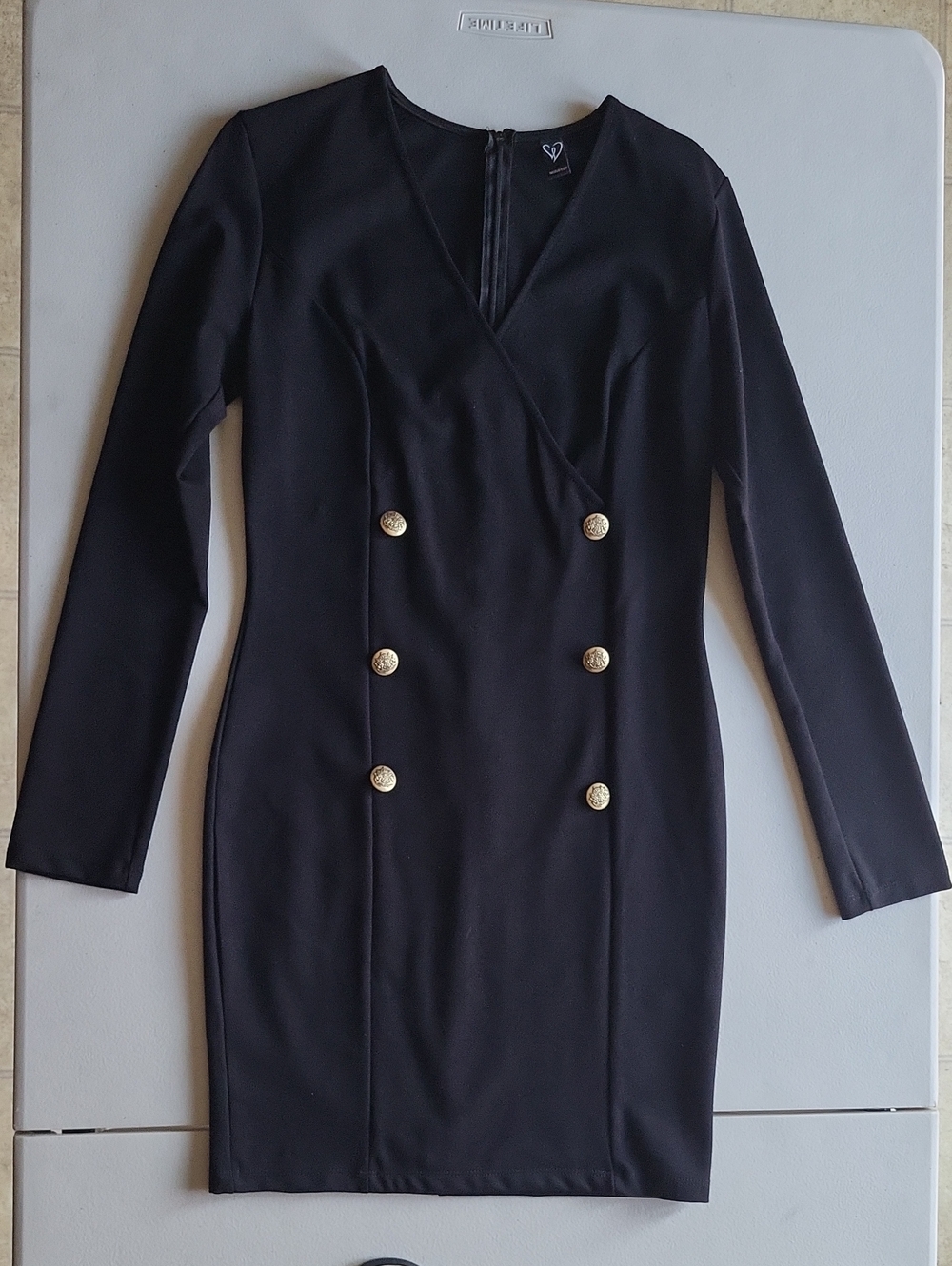 Black Long-Sleeve Double-Breasted Sheath Dress